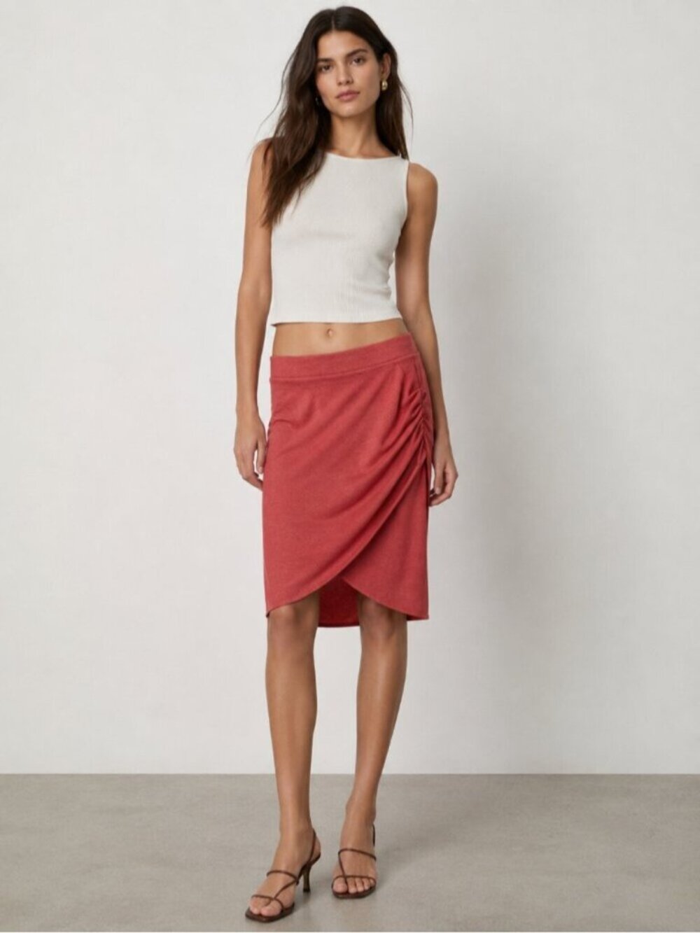 Wilfred Free Aritzia Dark Coral Ruched Wrap Midi Skirt XXS 0664